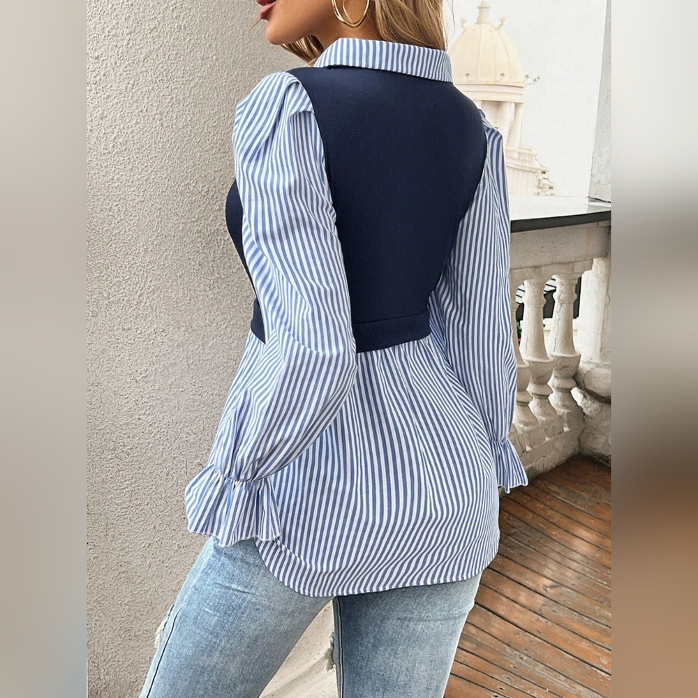 Striped Blue Button-Down Shirt with Navy Knit Overlay - Picture 2 of 4